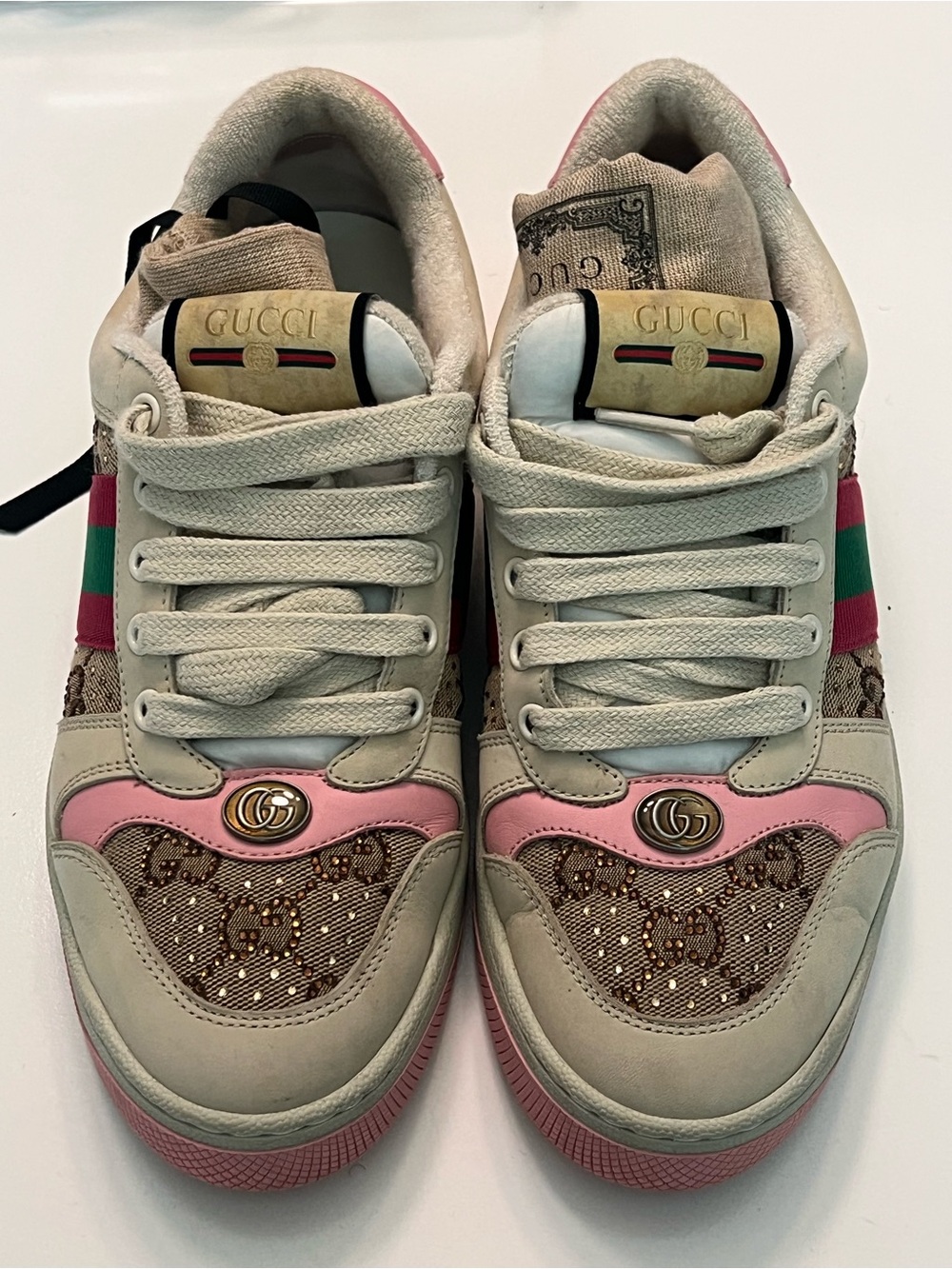 Gucci Beige, Pink & Green GG Crystal Screener Sneakers